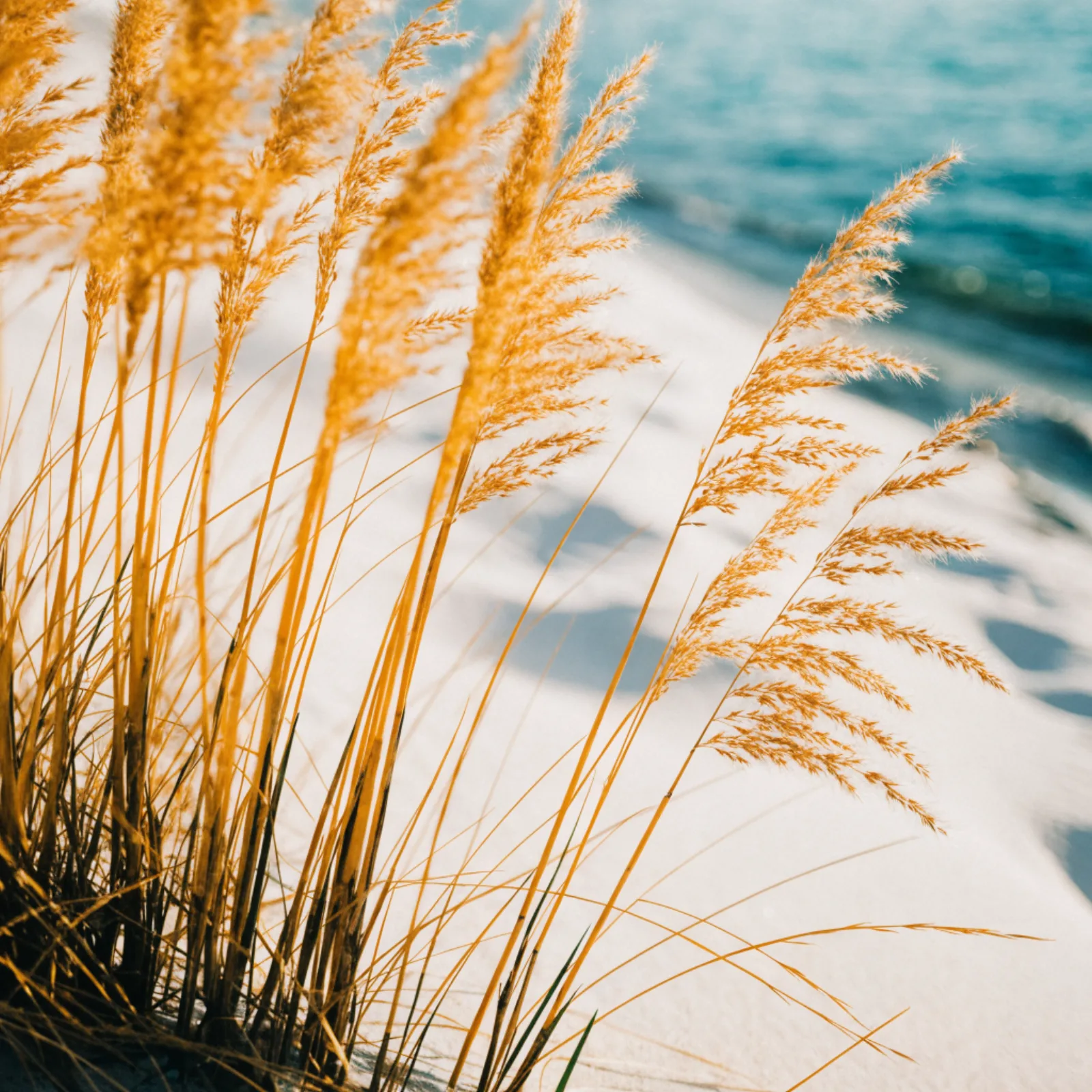 Sea oats on a white quartz dune with soft gulf water behind